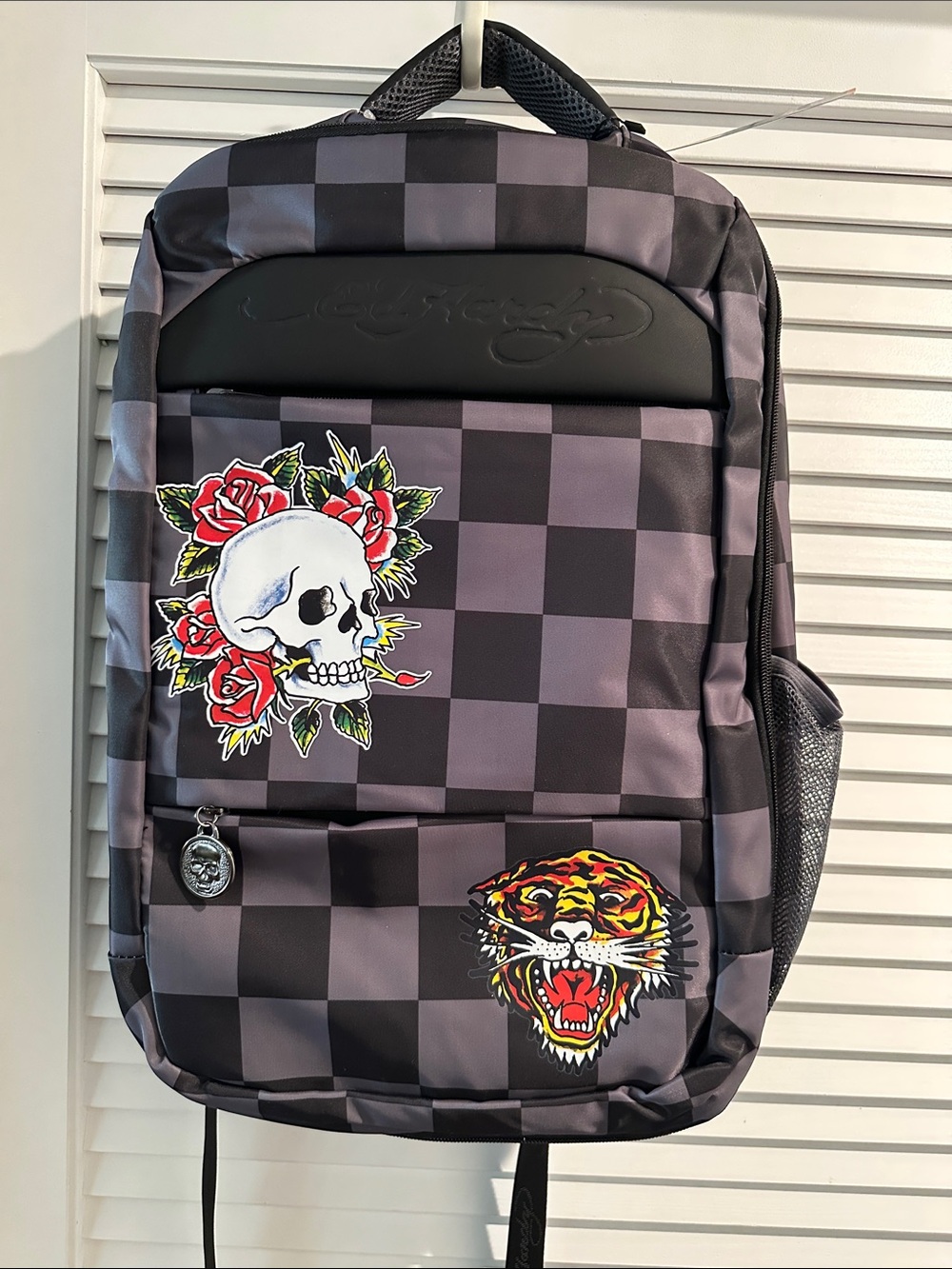 NWT Ed Hardy Sateen Black & Gray Ex-Large Backpack with multiple compartments.